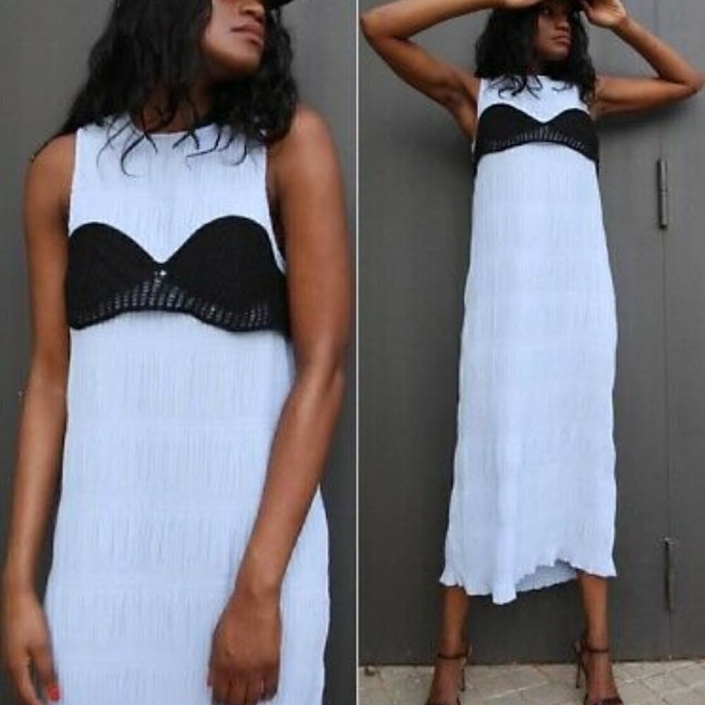 Zara Pleated Crocheted Grecian Crinkle Flowy Maxi Dress NWT Size Small - Picture 6 of 16